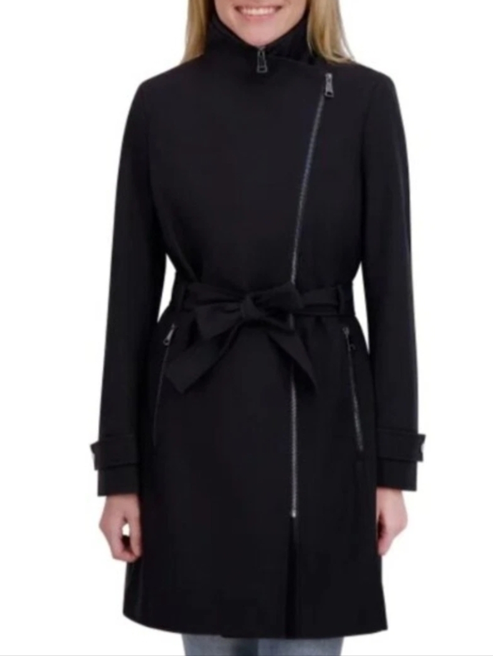 New Halston Women's Belted Trench Coat Jacket Water Resistant Removable Belt Blk